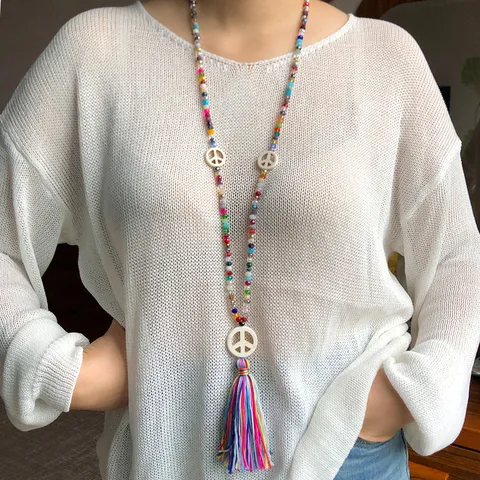 Handmade Beaded Artificial Crystal Long Tassel Necklace Vintage Ethnic Peace Sign Pendant Sweater Chain For Women Jewelry Accessory