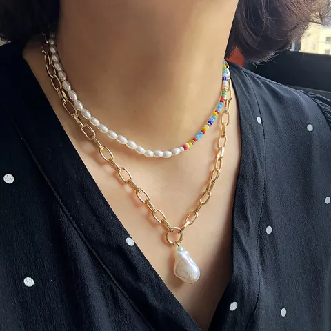 Collana a Strati Fatta a Mano Francese Con Perline Colorate per Donna Catena in Metallo Lega Dorata Ciondolo Perla Artificiale Barocca