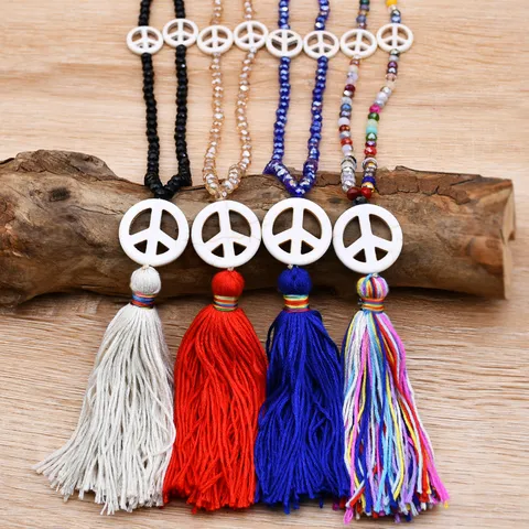 Collar Largo de Borla con Cuentas de Vidrio Vintage Bohemio para Mujer Colgante de Símbolo de la Paz Cadena de Suéter Joyería de Moda de Otoño Invierno