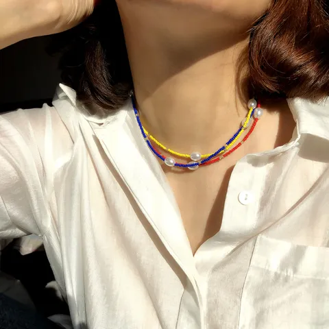 Handgefertigte Bohemian Bunte Glas Seed Beads Halskette Für Damen Mit Künstlicher Perle Sommer Strand Choker Kette Schmuck