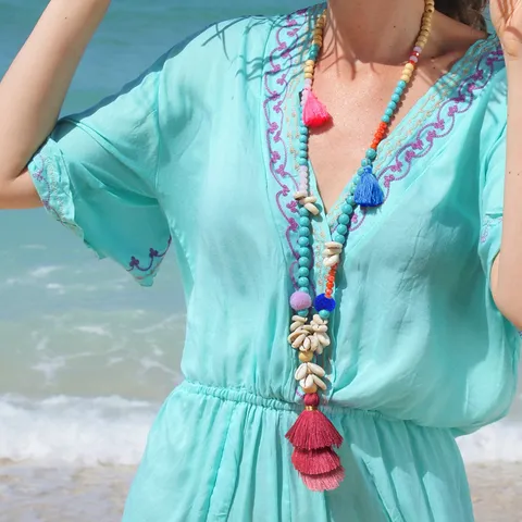 Bohemian Handmade Beaded Necklace For Women Colorful Wood Beads Shell Turquoise Pompom Long Tassel Pendant Beach Style Jewelry