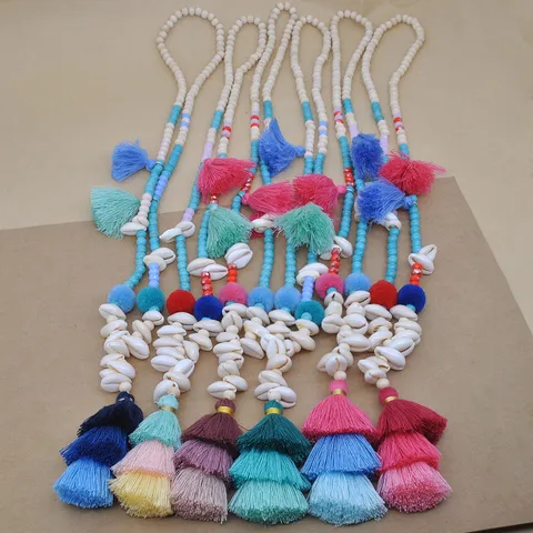 Bohemian Handmade Beaded Necklace For Women Colorful Wood Beads Shell Turquoise Pompom Long Tassel Pendant Beach Style Jewelry
