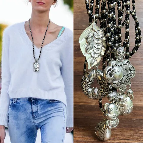 Vintage Ethnic Alloy Tibetan Silver Style Pendant Necklace For Women Handmade Bead Chain Long Sweater Necklace Lucky Jewelry