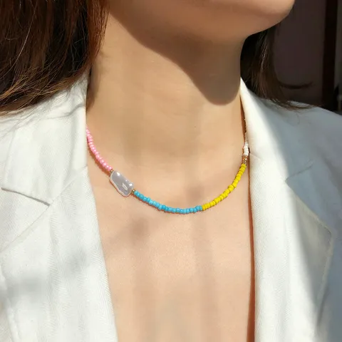 Collana Choker da Donna in Perline di Vetro Colorate Boho in Lega con Perla Artificiale Collana Corta Geometrica Gioielli da Spiaggia