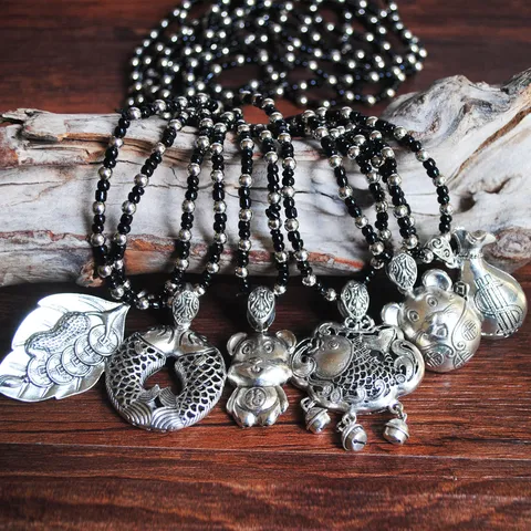 Vintage Ethnic Alloy Tibetan Silver Style Pendant Necklace For Women Handmade Bead Chain Long Sweater Necklace Lucky Jewelry
