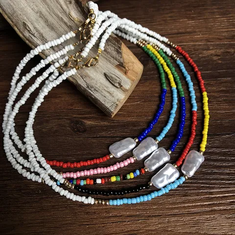 Collana Choker da Donna in Perline di Vetro Colorate Boho in Lega con Perla Artificiale Collana Corta Geometrica Gioielli da Spiaggia