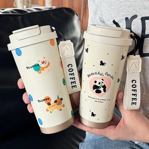 316 Edelstahl Thermoskanne Tragbarer Kaffeebecher Doppelter Trinkdeckel Niedliches Cartoon-Muster Isolierter Becher Damen Büro