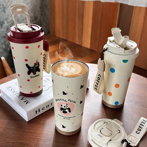 316 Edelstahl Thermoskanne Tragbarer Kaffeebecher Doppelter Trinkdeckel Niedliches Cartoon-Muster Isolierter Becher Damen Büro