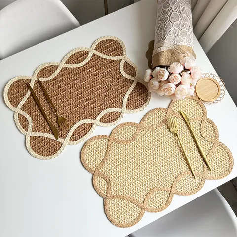Mantel Individual Tejido de Papel con Forma de Flor Pastoral Nórdico Retro Minimalista Color Sólido Borde Festoneado Cojín Decorativo de Mesa Resistente al Calor
