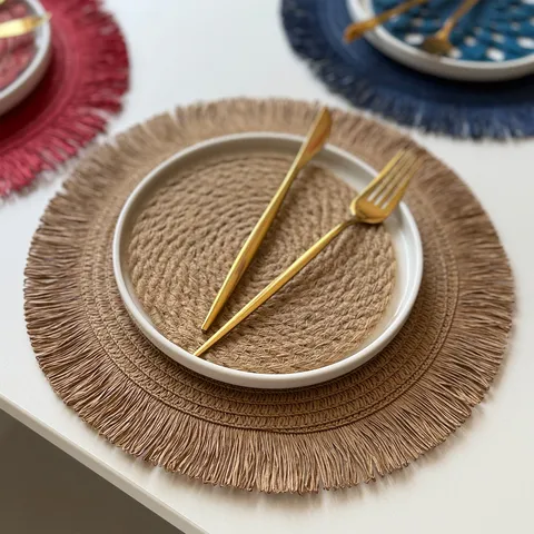 American Country Round Woven Paper Placemat With Fringe Trim Non Slip Heat Resistant Coaster Dining Table Decoration For Party Holiday Home Kitchen