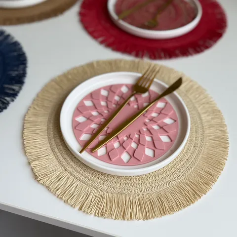 American Country Round Woven Paper Placemat With Fringe Trim Non Slip Heat Resistant Coaster Dining Table Decoration For Party Holiday Home Kitchen