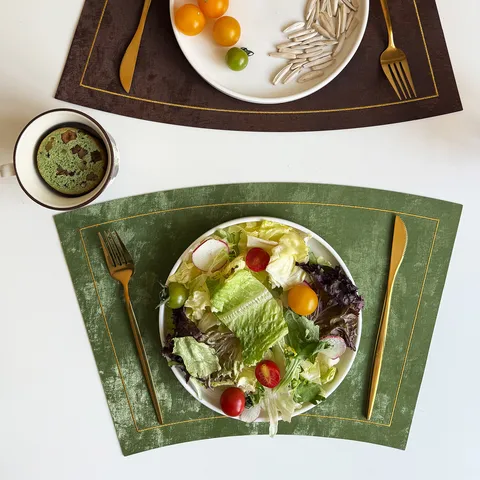 Neo-Chinesische Stijl Waterdicht Leer Placemat Fluwelen Textuur Goud Gestikte Waaiervormig Warmte-isolatie Tafelmat Voor Hotel Banket Home Decor