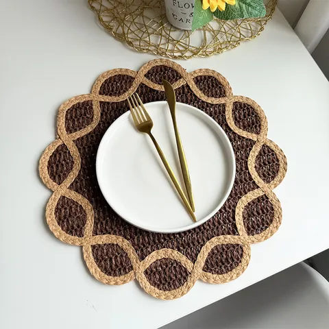 Nordisch Pastoral Papier Gewebt Blumenförmig Tischset Retro Minimalistisch Einfarbig Bogenkante Hitzebeständig Tisch Dekokissen