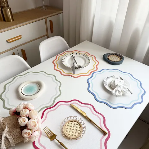 Creative Contrast Color Striped Leather Placemat Scalloped Flower Edge Heat Resistant Waterproof Table Mat For Kitchen Dining Room Home Cafe Decoration