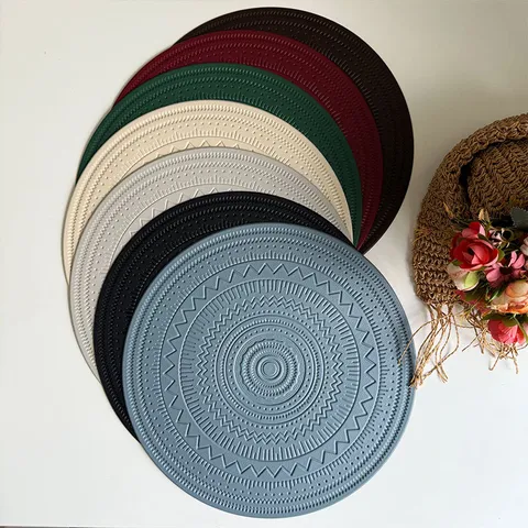 Bohemian Reliëf PVC Placemat Rond Waterdicht Oliebestendig Warmte-isolatie Eettafel Mat Vintage Kunstleder Textuur Onderzetter