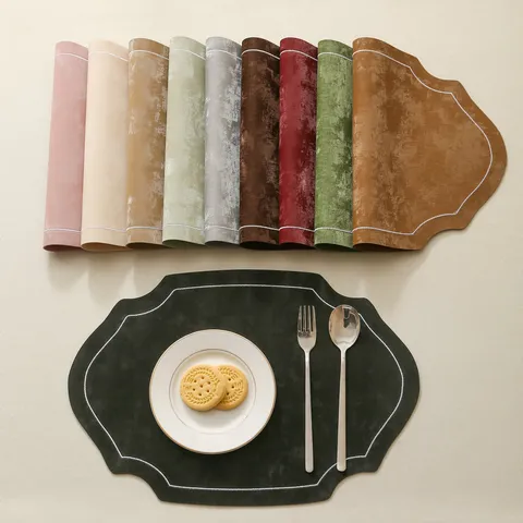 French Vintage Oval Leather Placemat Waterproof Oilproof Heat Insulating Non-Slip Double Sided Washable Table Coaster Dining Countertop Decorative Mat Home Kitchen