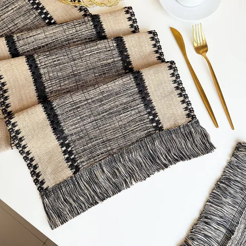 Cotton Linen Tassel Placemat Table Runner Pastoral Style Striped Woven Heat Insulation Pad Dining Table Decoration