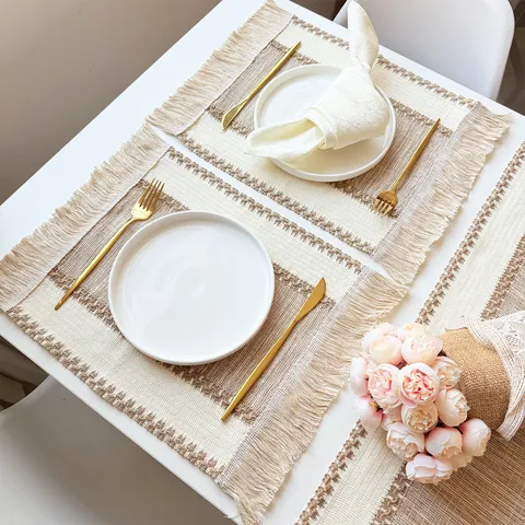 Cotton Linen Tassel Placemat Table Runner Pastoral Style Striped Woven Heat Insulation Pad Dining Table Decoration