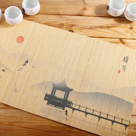 Zen Bambus Teematte Chinesischer Stil Tischläufer Tuschegemalt Lotus Landschaft Wärmeisolationspad Dekorativer Wandteppich Platzset Hausdekoration