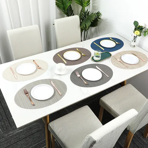 European Oval PVC Teslin Woven Place Mat Non-Slip Heat-Resistant Vertical Striped Table Mat For Dining Room Hotel Home Decoration