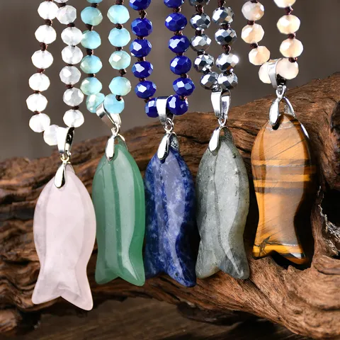 Handmade Natural Stone Fish Pendant Long Beaded Chain Necklace Crystal Animal Agate Sweater Chain Jewelry For Women Men