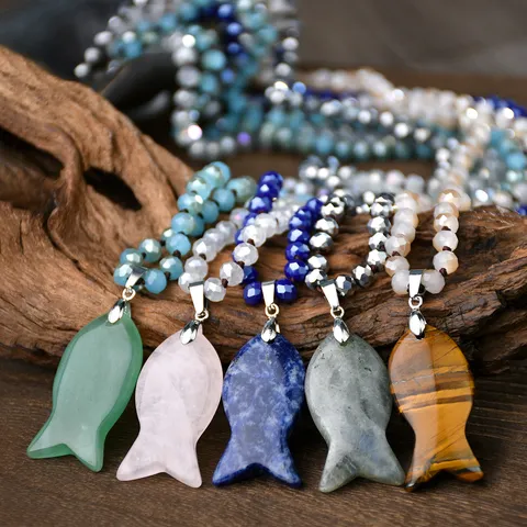 Handmade Natural Stone Fish Pendant Long Beaded Chain Necklace Crystal Animal Agate Sweater Chain Jewelry For Women Men