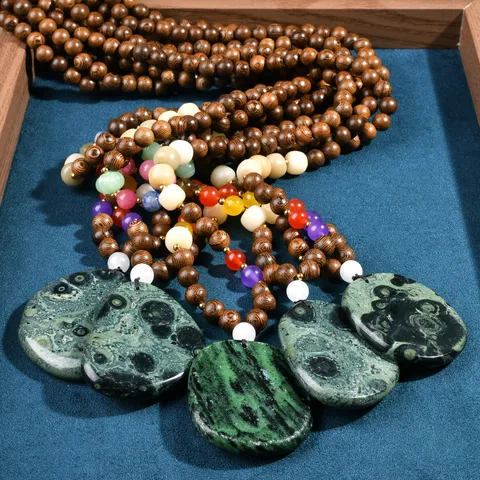 Vintage Artistic Natural Stone Beaded Long Necklace Wood Buddhist Prayer Beads Sweater Chain Irregular Agate Pendant Necklace For Women Men