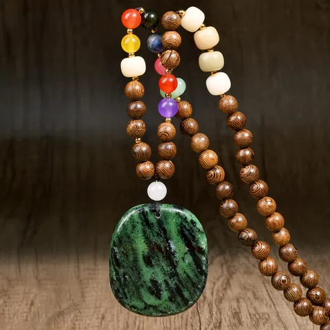 Vintage Artistic Natural Stone Beaded Long Necklace Wood Buddhist Prayer Beads Sweater Chain Irregular Agate Pendant Necklace For Women Men