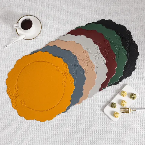 Nordic Embossed Faux Leather Placemat Waterproof Heat Insulated Floral Baroque Table Mat Retro Luxury Scalloped Coaster For Dining Table Home Kitchen Decor