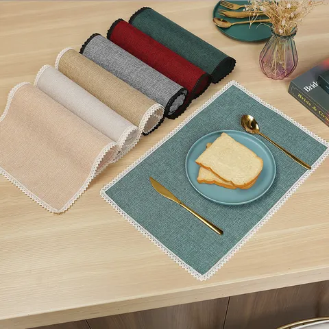 Faux Linen Placemat Nordic Style Lace Border Heat Resistant Table Mat Solid Color Polyester Decorative Fabric Place Mat For Dining Room