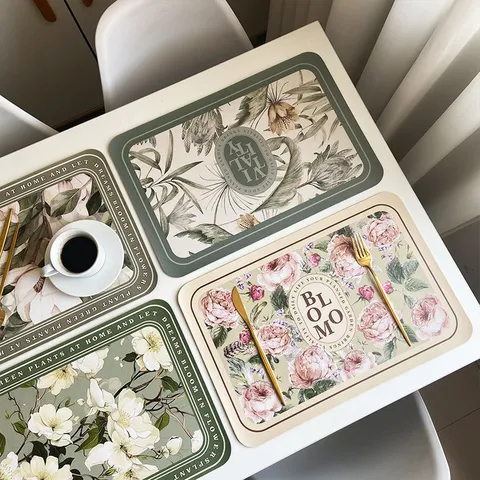 Amerikaans Retro Bloemen PU Leer Placemat Waterdicht Oliebestendig Thermisch Isolerend Rond Rechthoekig Tafelmat Bordmatje
