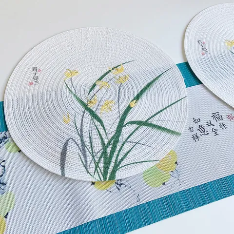 Neo-Chinese Round Polyester Placemat Vintage Heat Insulated Non-Slip Dining Table Coaster Classical Ink Landscape Printed Tea Set Mat Home Kitchen Decor