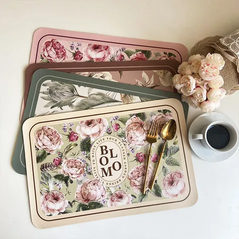Amerikaans Retro Bloemen PU Leer Placemat Waterdicht Oliebestendig Thermisch Isolerend Rond Rechthoekig Tafelmat Bordmatje