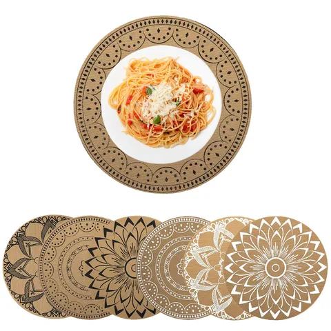 Tovaglietta Rotonda in PVC Stile Nordico Trama Faux Jute Stampa Mandala Isolamento Termico Antiscivolo Protezione del Tavolo Sottobicchiere Per Cucina Pranzo Ristorante Hotel Casa Decorazioni
