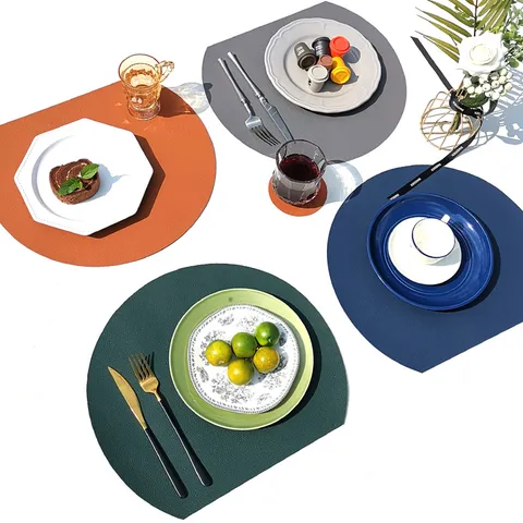 PU Leather Placemat Coaster Set Waterproof Oilproof Heat Resistant Reversible Semicircular Table Mat Non Slip Washable Kitchen Dining Mats