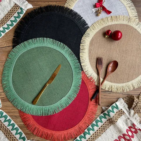 Christmas Jute Placemat Nordic Woven Table Mat Heat Resistant Coaster With Tassel Design For Dining Home Party Decoration