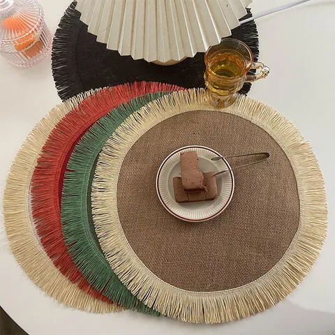 Christmas Jute Placemat Nordic Woven Table Mat Heat Resistant Coaster With Tassel Design For Dining Home Party Decoration