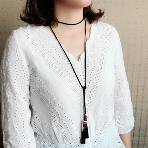 Bohemian Faux Suede Cord Tassel Wood Beads Necklace For Women Vintage Bowknot Long Sweater Chain Dress Waist Belt Multipurpose Costume Jewelry Accessories