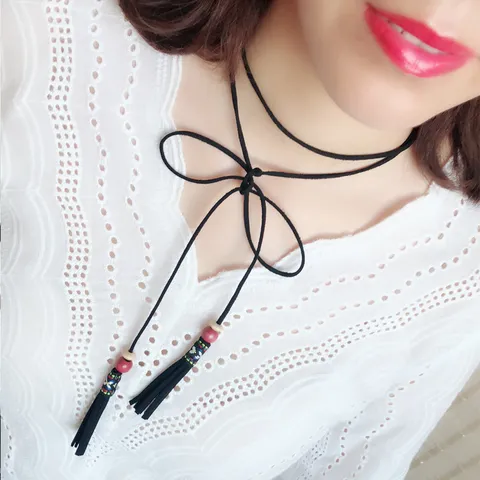 Bohemian Faux Suede Cord Tassel Wood Beads Necklace For Women Vintage Bowknot Long Sweater Chain Dress Waist Belt Multipurpose Costume Jewelry Accessories