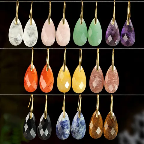 Multi-Faceted Teardrop Stone Earrings 18K Gold Plated Copper Hook Crystal Drop Earrings For Women Vacation Jewelry Gift