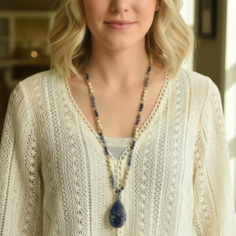 Bohemian Natural Stone Water Drop Pendant Necklace For Women Handmade Knotted Long Sweater Chain Vintage Crystal Beaded Necklace