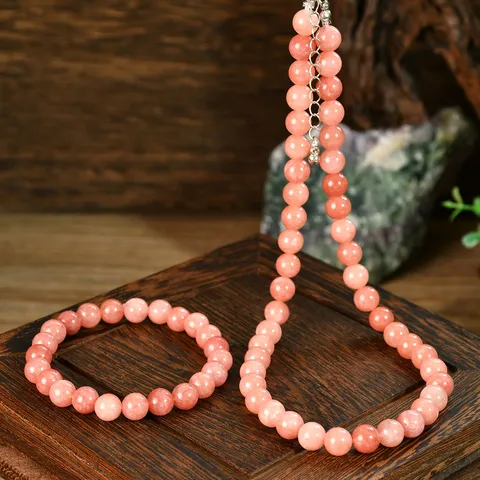Vintage Pink Sunstone Necklace Bracelet Set Women Natural Stone Bead Jewelry Set Elegant Anniversary Birthday Gift Her