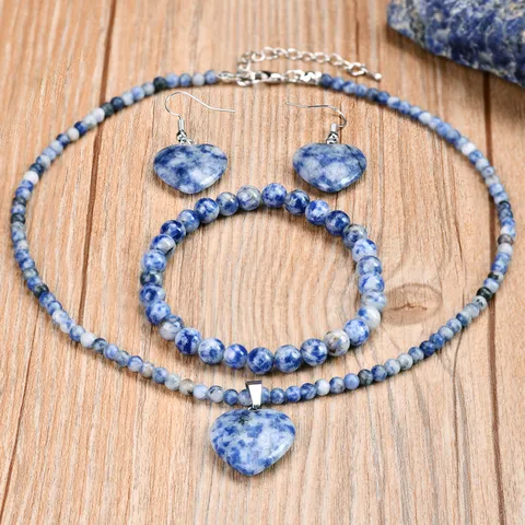 Bohemian Natural Stone Heart Pendant Necklace Earrings Bracelet Set For Women Retro Alloy Sodalite Malachite Lapis Jewelry Accessories