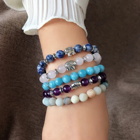 Natürliche Edelstein Perlen Armband Für Frauen Elefant Anhänger Legierung Akzente Amethyst Aquamarin Energie Stein Strang Armband Geschenk