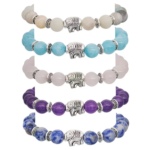 Natürliche Edelstein Perlen Armband Für Frauen Elefant Anhänger Legierung Akzente Amethyst Aquamarin Energie Stein Strang Armband Geschenk