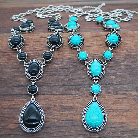 Vintage Alloy Rhinestone Waterdrop Pendant Necklace Long Sweater Chain Bohemian Exotic Costume Jewelry For Women Party Gift