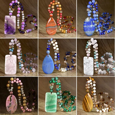 Collana Lunga Bohemienne con Ciondolo in Pietra Naturale e Cristallo Fatta a Mano con Perline per Donna Gioielli di Moda Quotidiana