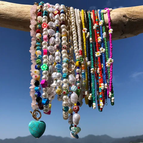 Collana Girocollo Floreale Fatta a Mano in Vetro Colorato per Donna Carino Stile Francese Boho Gioielli con Perle Artificiali