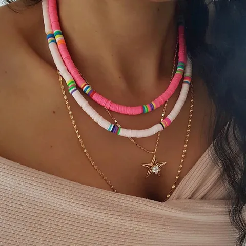 Handmade Colorful Polymer Clay Heishi Bead Necklace For Women Bohemian Layered Summer Beach Clavicle Chain Jewelry