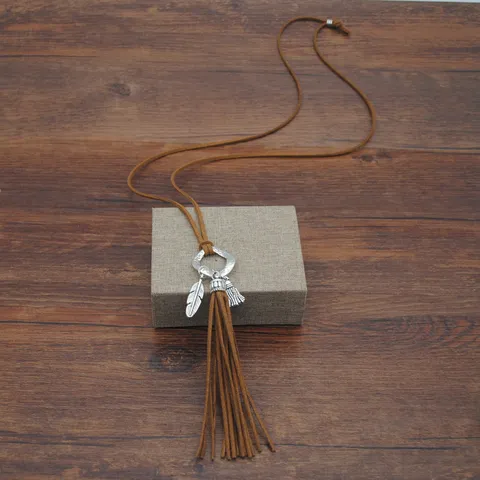 Collar Largo de Borla de Cuerda de Terciopelo Coreano de Aleación de Estilo Étnico para Mujer Cadena de Suéter con Colgante de Pluma Bohemia Vintage Joyería